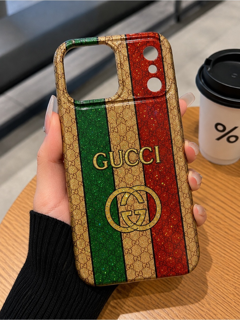17 pro max GUCCI Green, Red & Gold Glitter Stripe Designer iPhone Case
